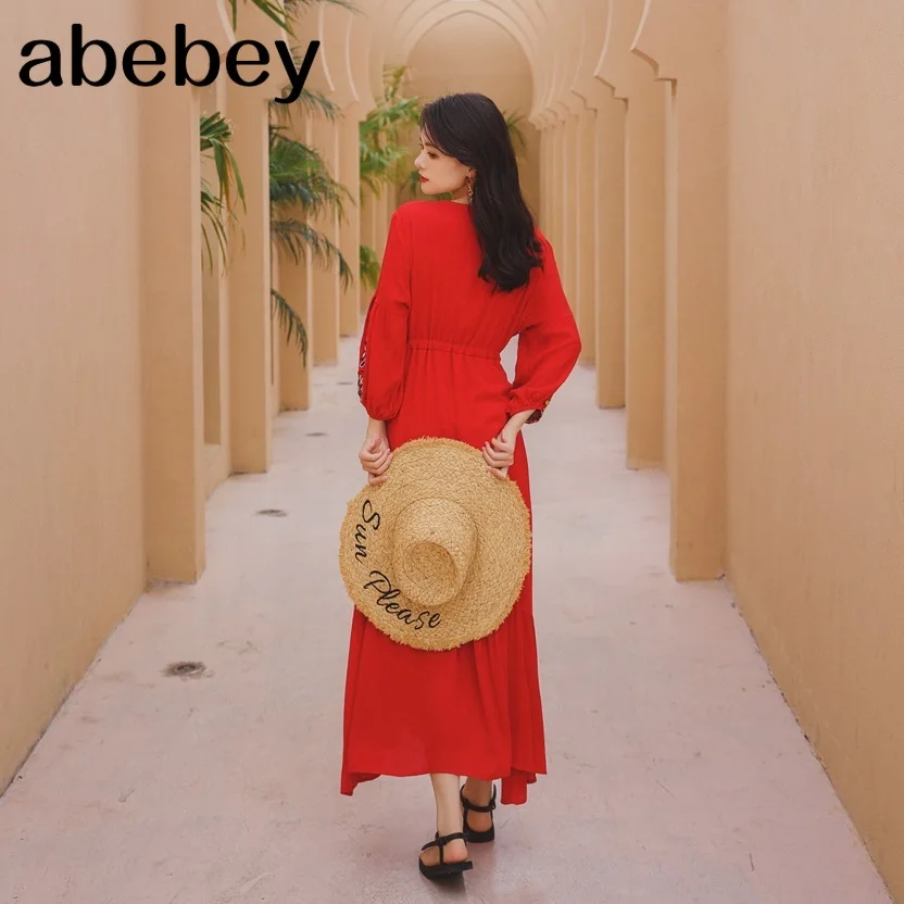 

ethnic embroidery long dress women beach holiday v neck vintage bohemian dresses summer bohe dresses elastic waist