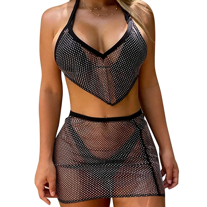 

Women Sexy Two-piece Clothes Set Summer Black V-neck Sleeveless Crop Tops Short Skirt See Through Female Night Club Clothing