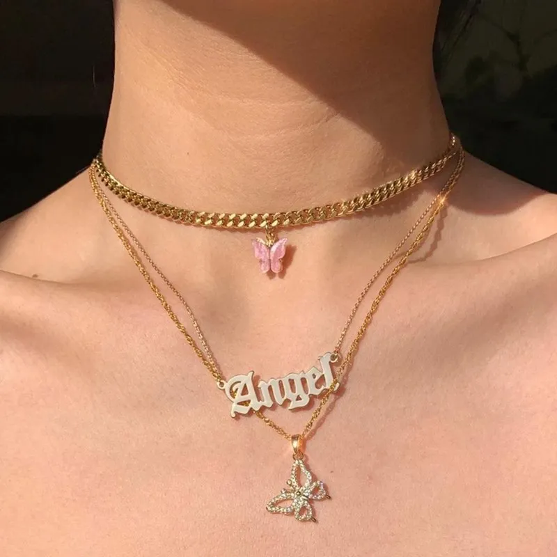 

Pexiglass Stainless Steel Butterfly Necklace Choker Girls Colorful Insect Pendant Necklace Boho Wedding Jewelry
