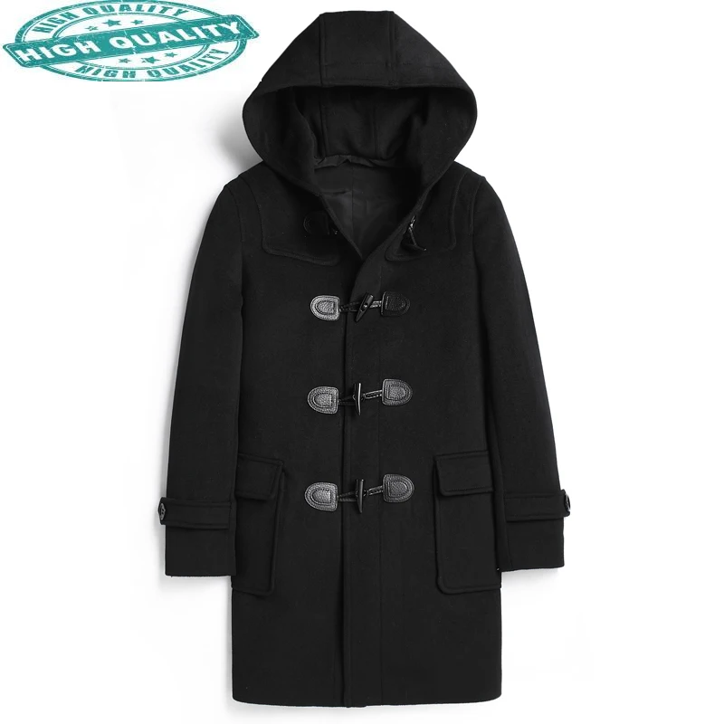 

100% Double-faced Wool Coat Men Jacket Hooded Autumn Winter Black Overcoat Mens Coats Sobretudo Masculino 002 KJ4302
