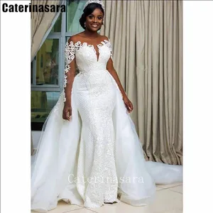 Illusion Scoop Neck Zipper Long Sleeves Lace Wedding Dress Detachable Organza Train Bridal Gown CT025