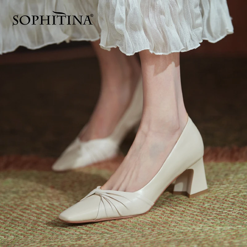 

SOPHITINA Women Shoes Elegant Light Pink Pleated Genuine Leather Pumps Thick Heel Square Toe All-Match Fashion Lady Pumps AO635
