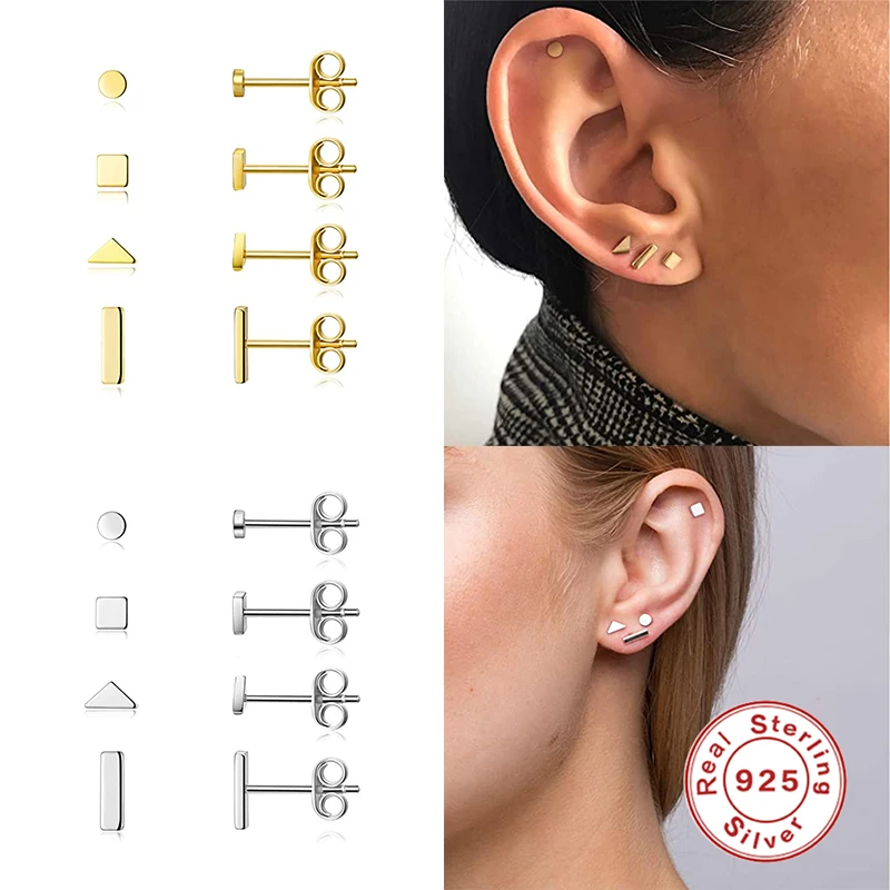 

GS 925 Sterling Silver Heart Star Moon Zircon CZ Stud Earrings For Women Geometric Triangle Bar Tiny Ear Studs Set Jewelry