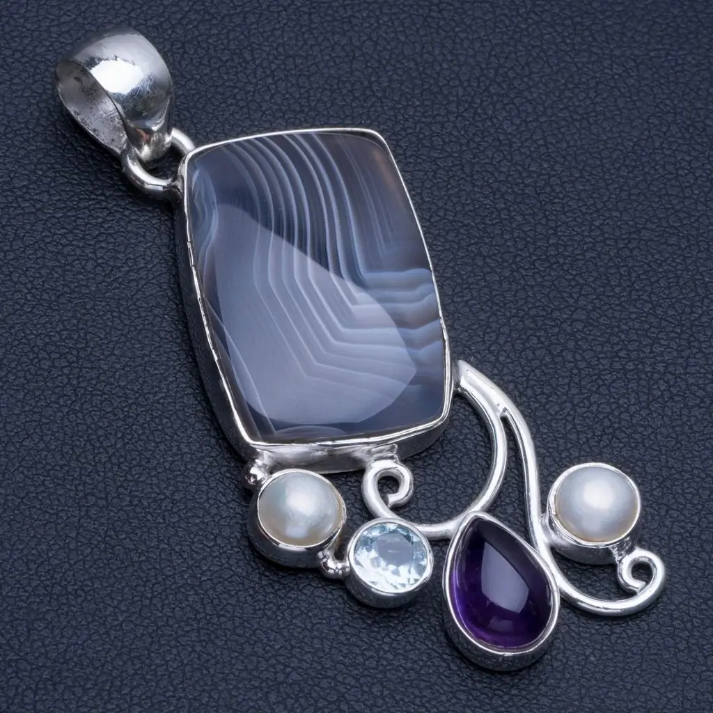 Натуральный Ботсвана Агат аметист голубой топаз и речной жемчуг 925 SterlingSilver кулон