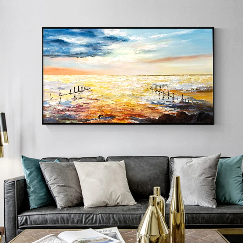 

Hand painted oil painting sunrise natural sea landscape mural picture painting mural living room home decoration wall art