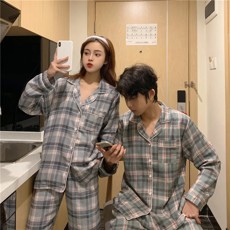 

M-XXL women men couple pajamas set casual loose home clothes long sleeve top pants 2 piece set sleepwear home suit cotton