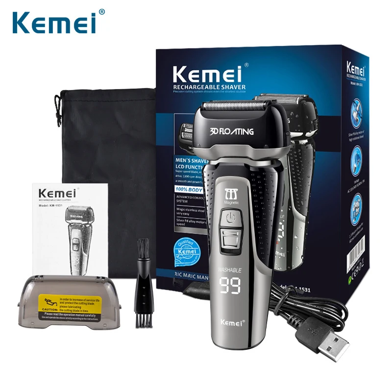 

Kemei Triple Blade Cutting System Whole Body Washing Electric Shaver Intelligent LCD Display Razor USB Maquina De Acabamento
