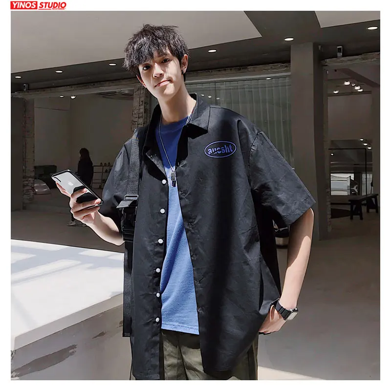 Дропшиппинг Твердые Харадзюку с коротким рукавом лацканы Рубашки мужские модные