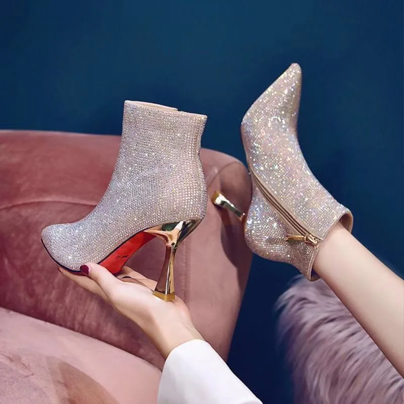 Осенние ботинки со стразами ботильоны свадебные на тонком высоком каблуке