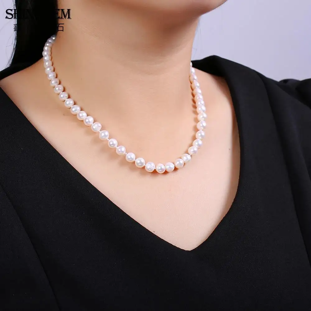 

ShinyGem Fashion 7-9mm Round Natural Freshwater Pearl Choker Necklace For Women White Pearl Necklace Elegant Wedding Jewelry