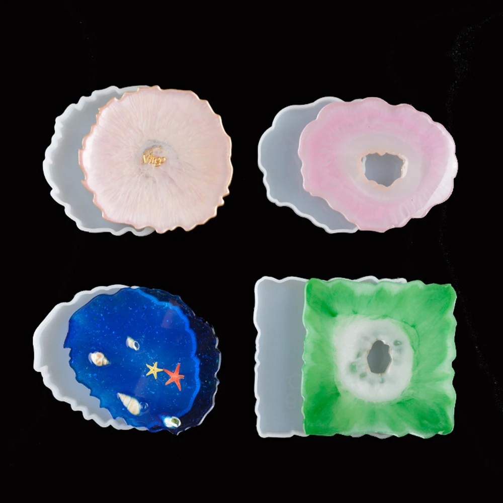 4Pcs Irregular Glass Coaster Set Resina Epoxi Molde Base Round Tea Pad Forma De Silicone Jewelry Making For DIY Decorative Craft