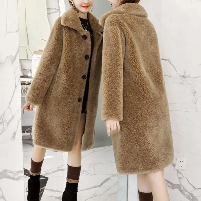 Женское пальто из овечьей шерсти средней длины зимние меховые куртки плотное