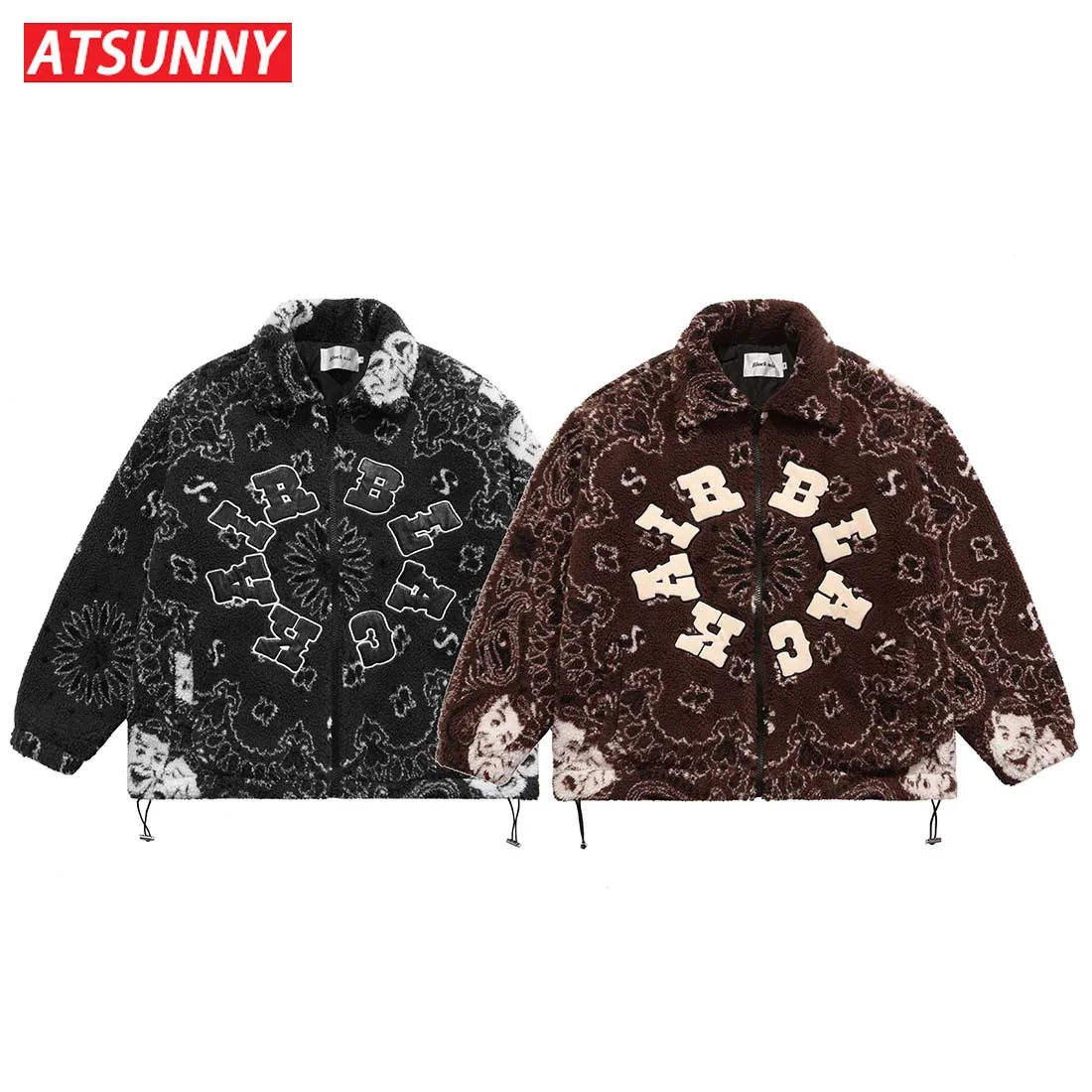 ATSUNNY American Vintage West Coast Cashew Flower Jacket Autumn and Winter Lamb Cashmere Thicken Couple Cotton Clothe Men Parkas