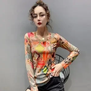 

Cartoon character printed T-shirt female 2021 spring new Korean slim style Joker suit ins base shirt