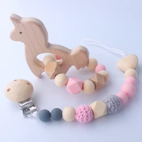 2pcsset pacifier clip baby wooden chain beech holder nipple children teether teething toy toddler infant silicone pacifier wood