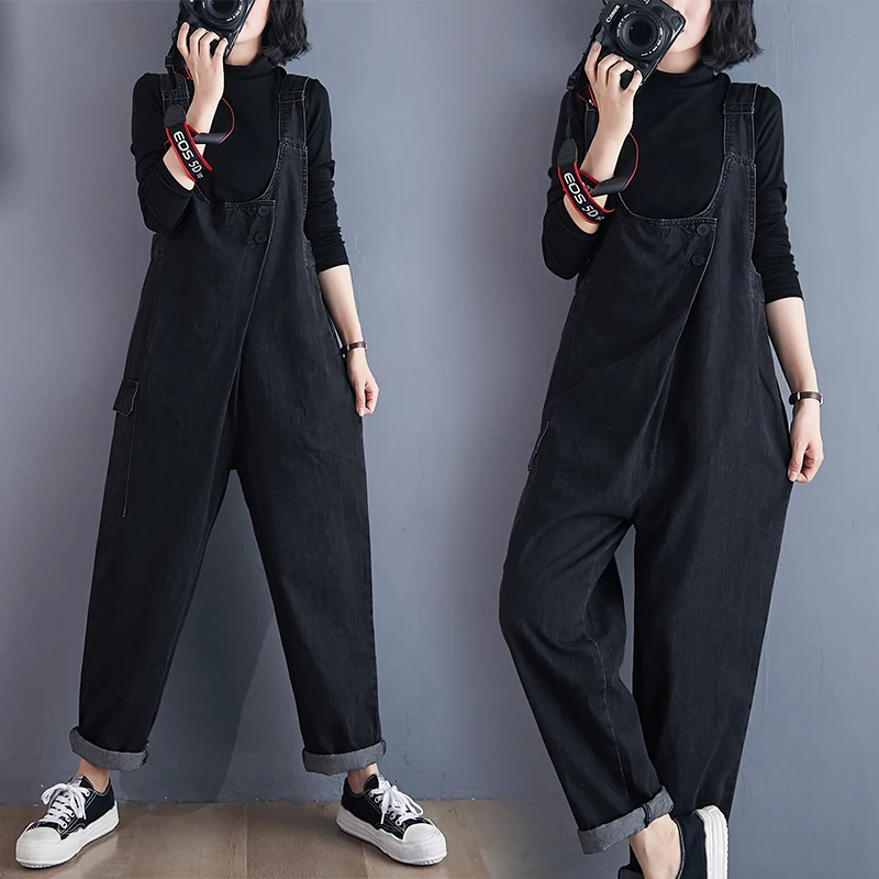 Женский джинсовый комбинезон с широкими штанинами свободного покроя - купить по