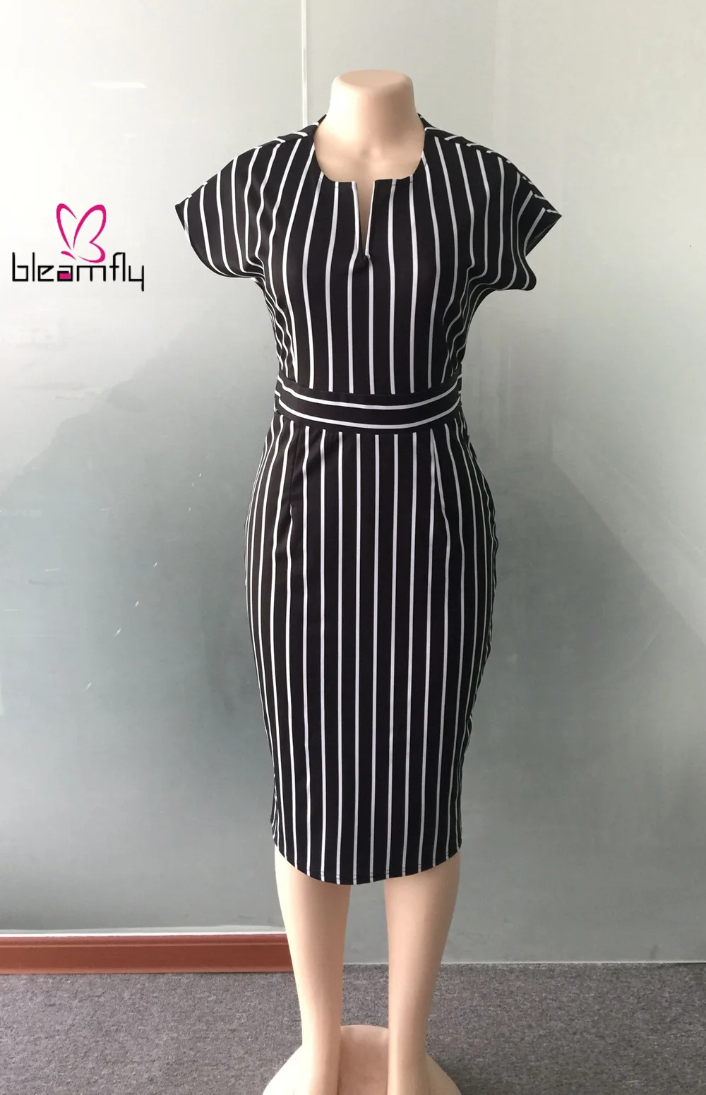 Новинка 2019 женское осеннее платье с коротким рукавом в полоску принтом офисное