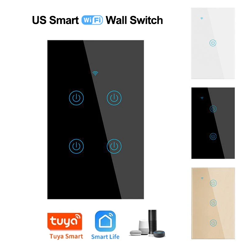 

Умный выключатель света Tuya, сенсорный выключатель с Wi-Fi, 1/2/3/4 клавиши, без нейтрального провода, со стеклянной стеной, с таймером дистанционн...