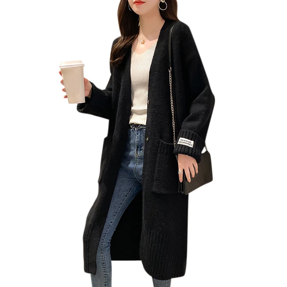 

Female cardigan Solid Pocket Open Stitch Women Sweater Knitted Long Sleeve Loose Sweater Long Women Clothing