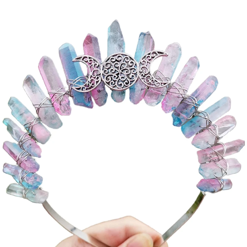 

Multicolor Raw Crystal Quartz Headband Crown Boho Hollow Out Metal Moon Tiara Hair Hoop Women Bride Wedding Headdress