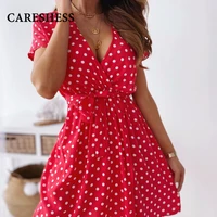 careshess 2021 new summer fashion v neck polka dot dress women casual short sleeve ruffles mini dress chiffon boho party dresses