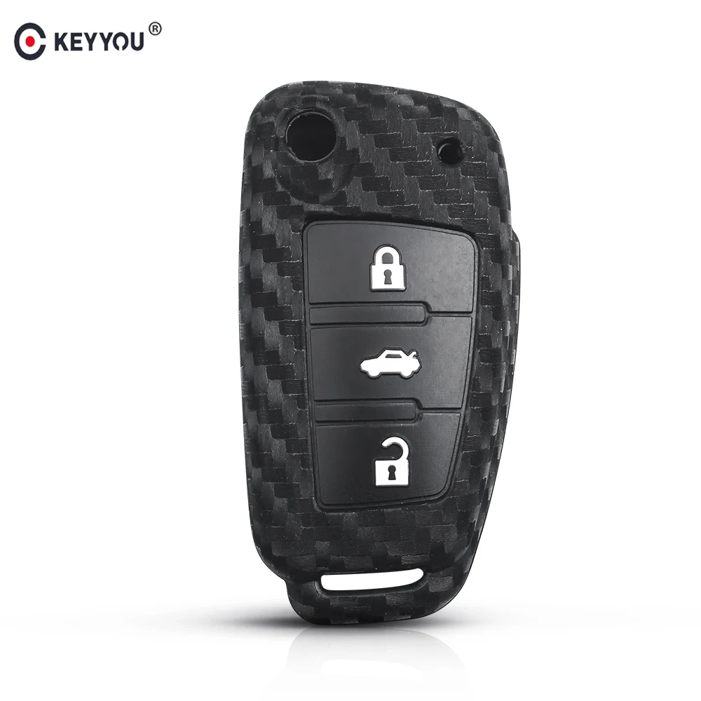 

KEYYOU 3 Buttons Carbon Fiber Silicone Key Case For Audi Sline A3 A5 Q3 Q5 A6 C5 C6 A4 B6 B7 B8 TT 80 S6 Key Protector Cover