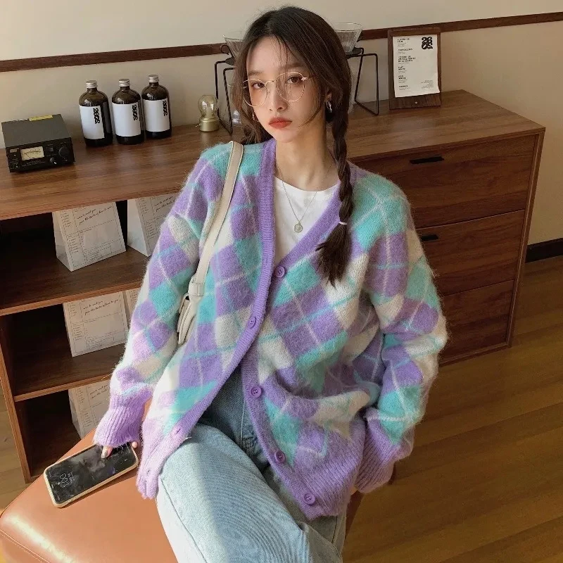 

2021 Loose Crazy Style Outwear Plaid Knit Cardigans Sweater Women O Neck Long Sleeve Single Breast Pull Femme Coat Spring Sueter