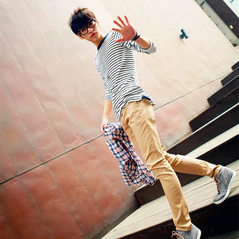 Мужские повседневные брюки цвета хаки облегающие бежевые модные трендовые