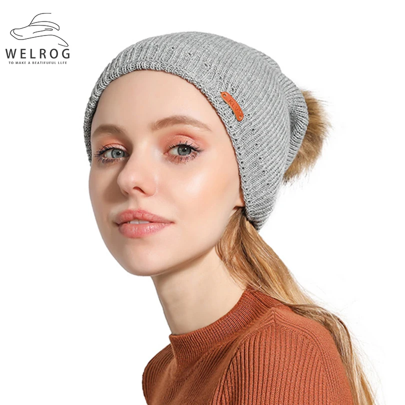 

WELROG двухслойная вязаная шапка ручной работы имитация светло-коричневого большого волосяного шара Skullies простая однотонная зимняя уличная теплая головной убор из конопли
