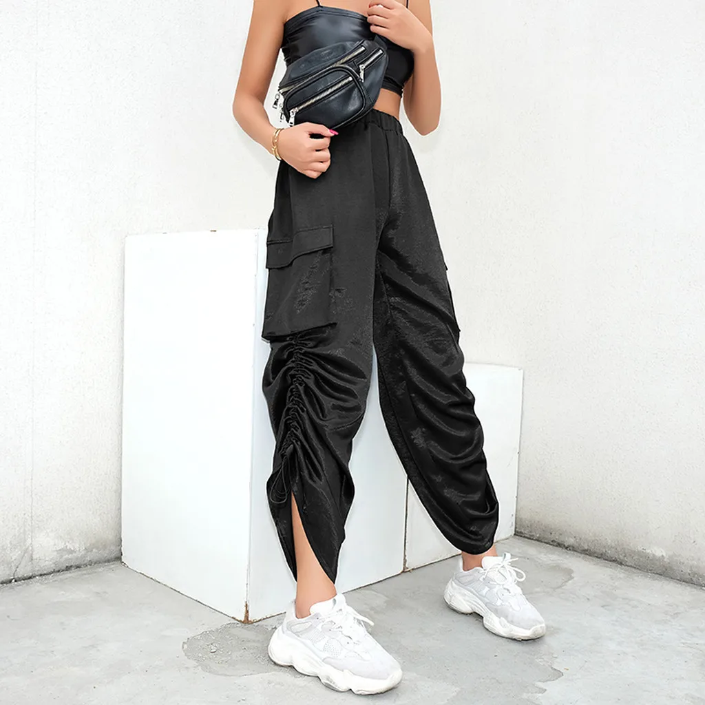 Women Pants Baggy Wide Leg Solid Gothic Punkt Casual Loose Elastic Trousers Pockets Full pantalones de mujer |