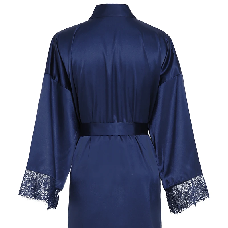 Long Silk Satin Robe Bridesmaid Robes Lace Robe Bridal Wedding Robe Bathrobe Long Robe Silk Robes for Women Navy Blue