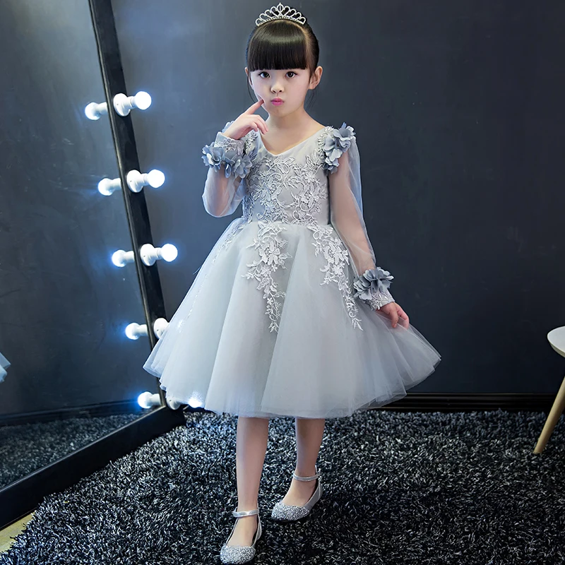 

New Arrival Silver Chiffon Flower Princess Girl Dress Teen Floral Baptism Party Wedding Birthday Gown Kids tutu Dresses 2-12Y