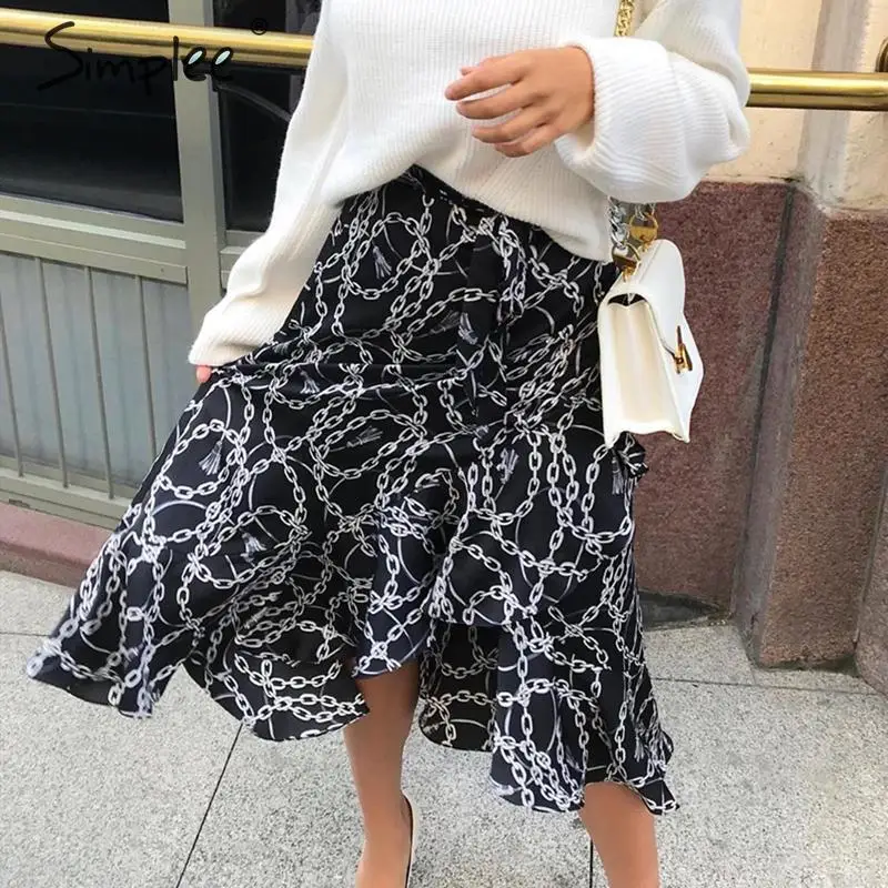 

Fashion chain print women midi skirt Elegant lace up mid waist female wrap skirt Spring summer chic ladies skirts bottom