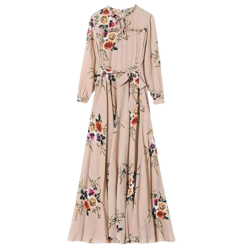 

2021 Spring and Summer Women's Long Sleeve Dress Retro Printed Dress Elegant Bow Party Holiday Party Long Swing Dress Lady