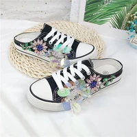 new spring womens sneakers canvas lace up breathable casual shoes flowers rhinestone vulcanize shoes zapatillas mujer