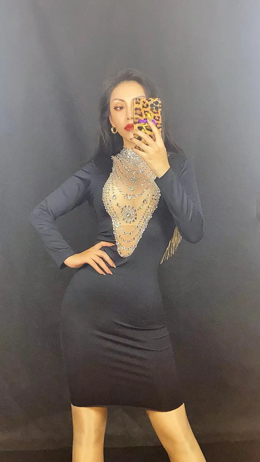 

Silver Rhinestones Black Color Long Sleeve Sexy Bodycon Mini Short Dress Prom DS Women Dancer Dress Birthday Celebrate Dress