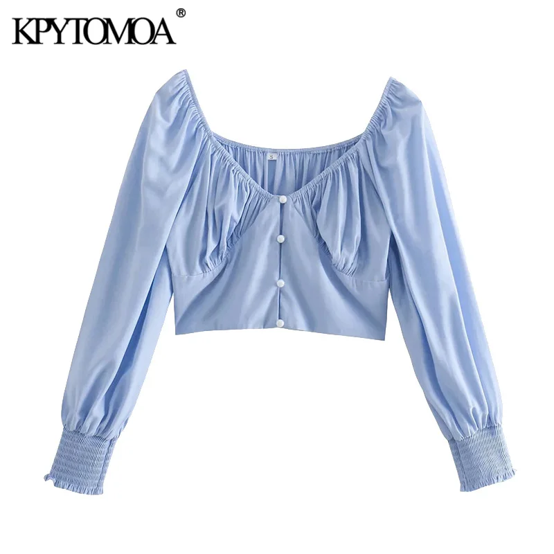 

Женская винтажная укороченная блузка KPYTOMOA с пуговицами, с рукавом три четверти и эластичным подолом, блузка с искусственным жемчугом, шикар...