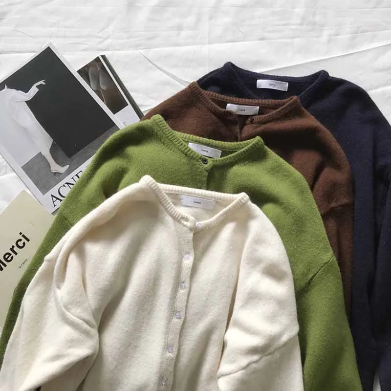 

2021 Autumn Solid Women Sweater Korean Style Long Sleeve Cardigan Ladies Clothes Cotton Knit O-neck Casual Female Sweaters