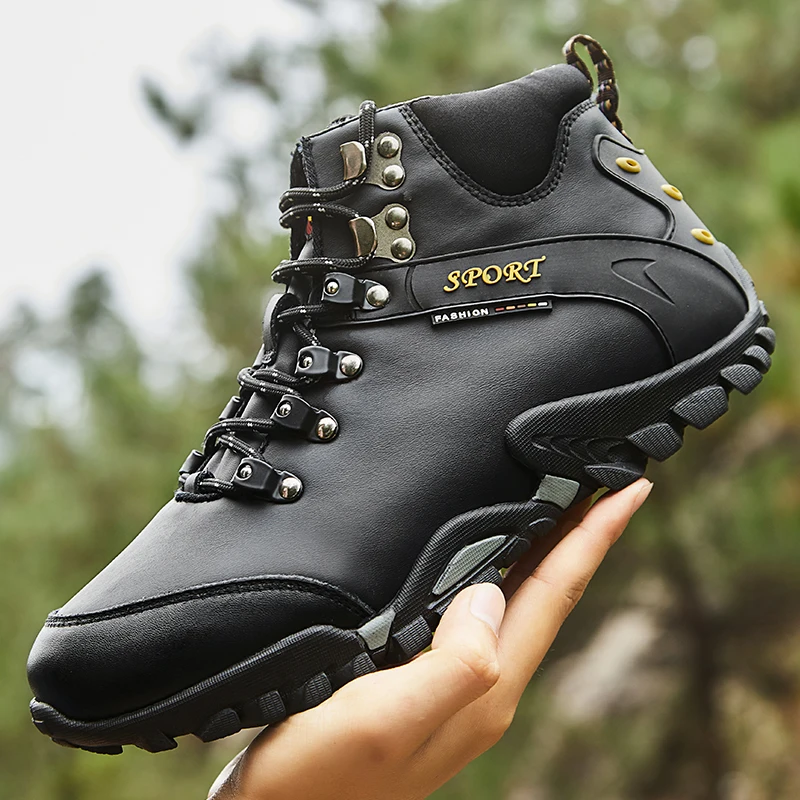 Men's Genuine Leather Boots Hiking Boots for Man Hiker Winter Trekking Hiking Boot Fuzzy Men Snow Boot Waterproof Adventure Shoe