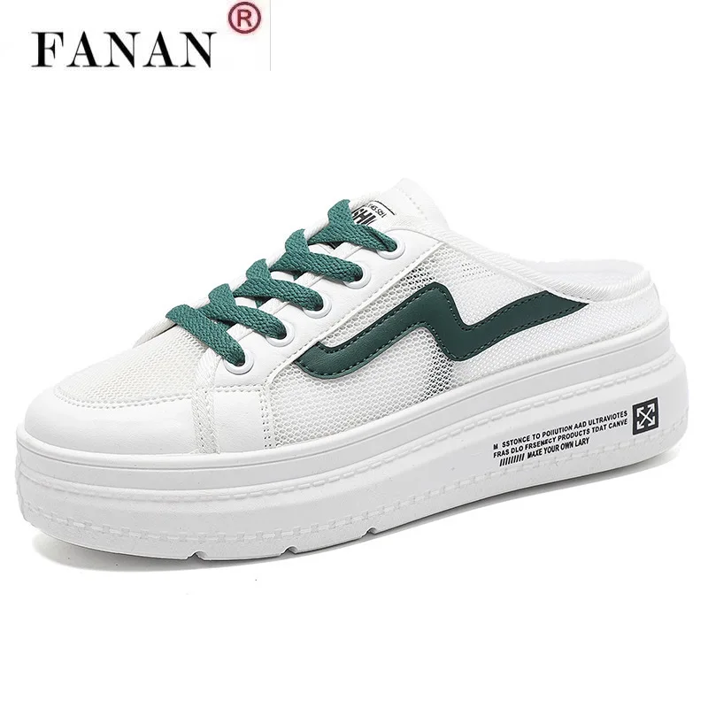 

Women Shoes 2021 Spring New White Women Fashion Mesh Breathable Asakuchi Half Slippers Lace-up Women Flat Casual Shoes Sneakers