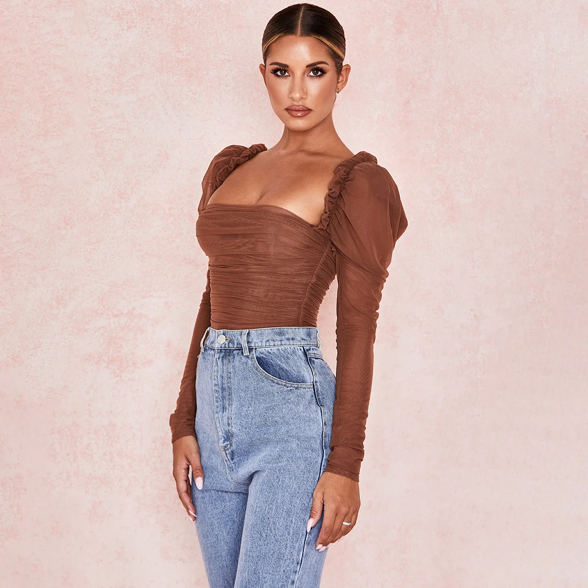 Женское облегающее боди Fuedage Сетчатое платье с рюшами и длинными рукавами