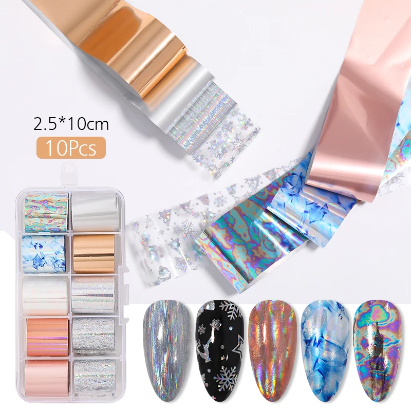 10 Rolls iridescent Nail Foils Art Transfer Stickers Slider Mixed Pattern Decal Manicuring Design Tip Decoration | Красота и здоровье