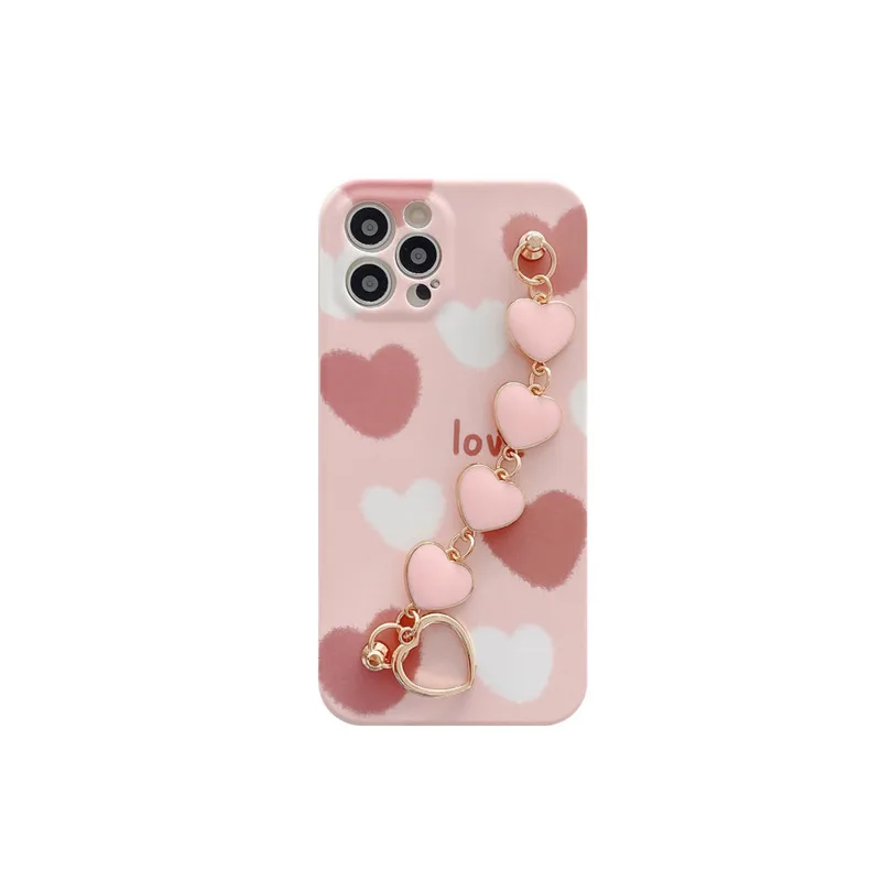 

Lovely Pink Love Heart Bracelet Wrist Chain Case For iPhone 11 Pro Max 12 Mini X XS 7 8 plus SE 2020 XR 12 Pro Max Covers Girl