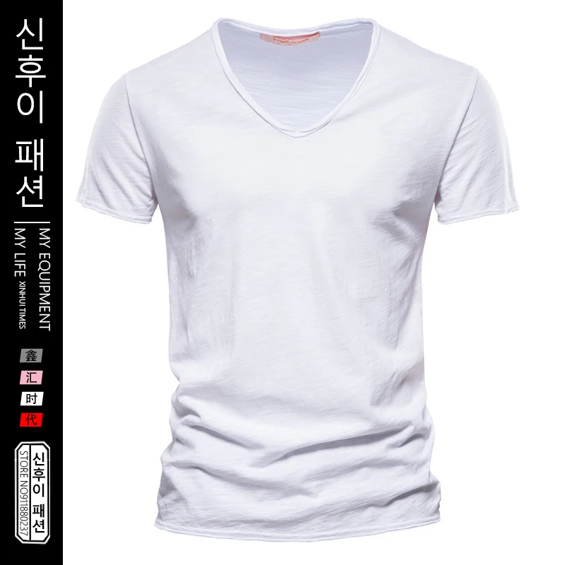 

V-neck T Shirts Mens Solid Color Slub Cotton Short-sleeve T-shirt Male Oversize Multi-color Summer Thin Base Tshirt Men Pullover