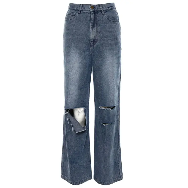 

Women High Waist Destroyed Flare Jeans Ripped Hole Wide Leg Denim Long Pants