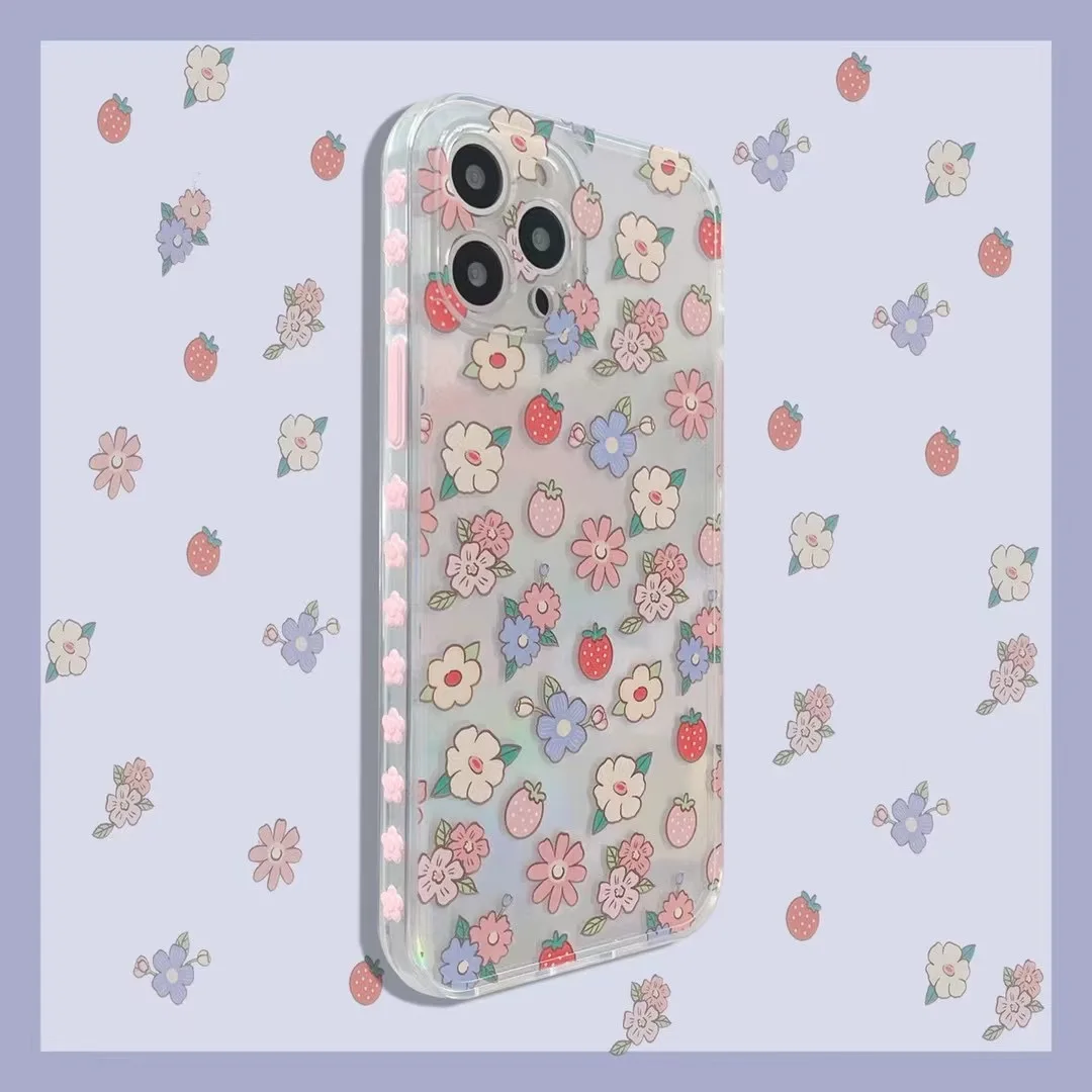 

Soft TPU Transparent Reflect Card Borad Colorful Flower Strawberry Phone Case For iphone 7 8 Plus X XR XS MAX 11 12 Pro Cover