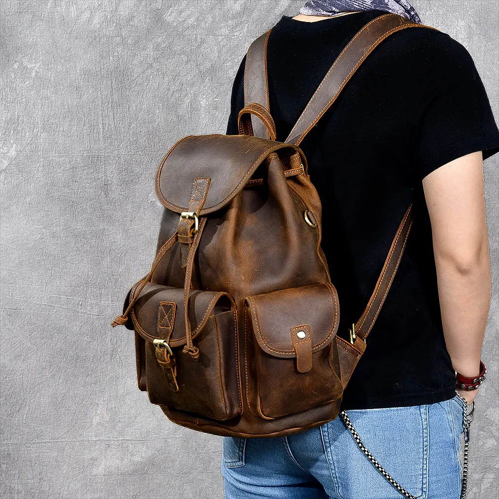 Men's Backpack Large Capacity Male Leather Travel Backpacks Drawstring Bag Retro Classic Original Handmade Crazy Horse | Багаж и сумки
