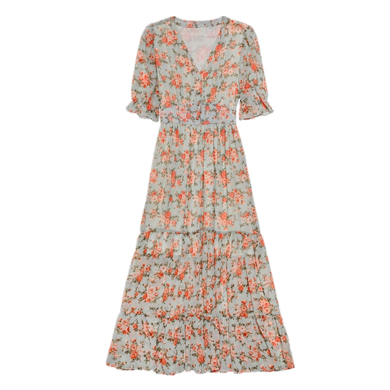 

2021 New Arrival Spring Summer Women V-Neck Short Sleeve Bohemian Long Dress Beach Vacation Sweet Floral Chiffon Dress