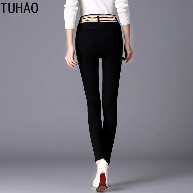 Женские Стрейчевые джинсы TUHAO черные брюки с высокой талией большие размеры 5XL 4XL