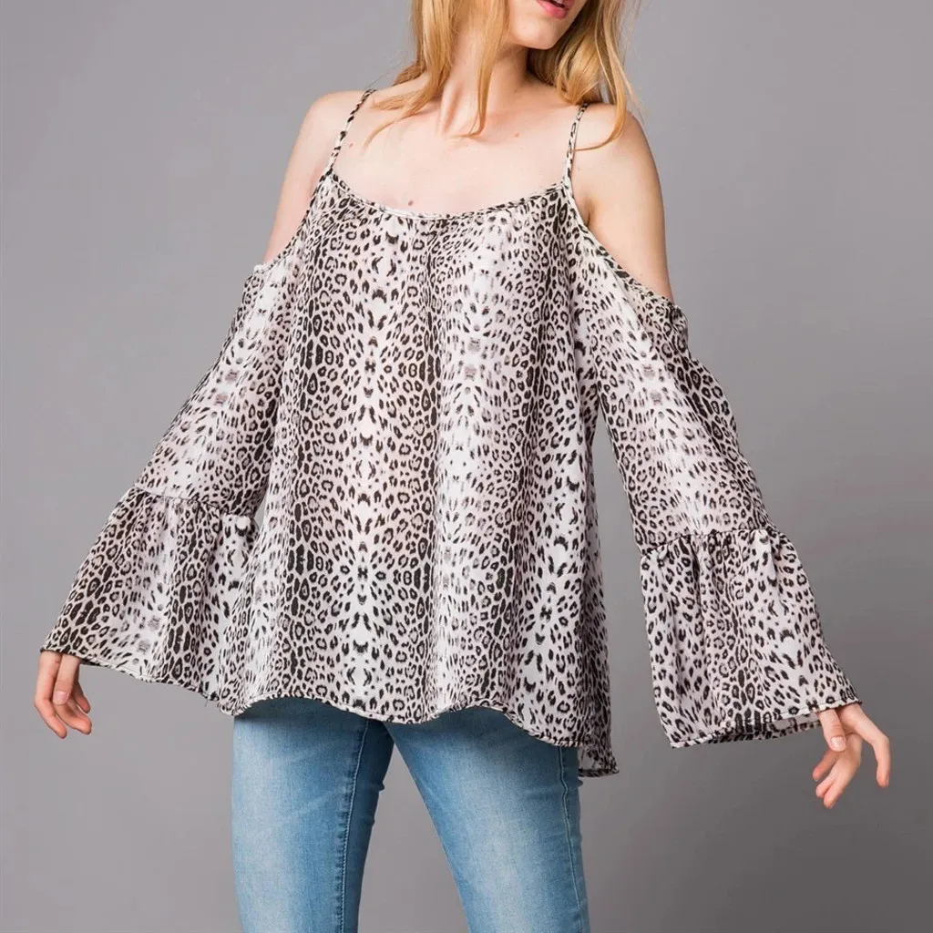 Осень 2020 Новое поступление сексуальная леопардовая рубашка с открытыми плечами
